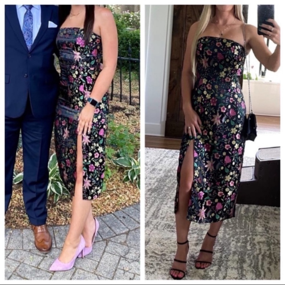 NWOT Lulus Make a Move Black Satin Floral Jacquard Strapless Midi Dress